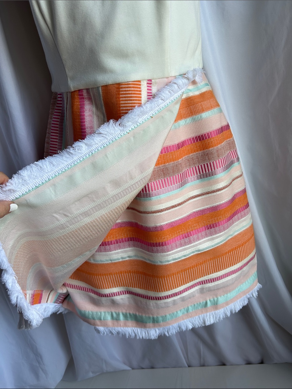 Hutch White Halter Mini Dress with Orange, Pink & Mint Striped Skirt - Picture 4 of 13